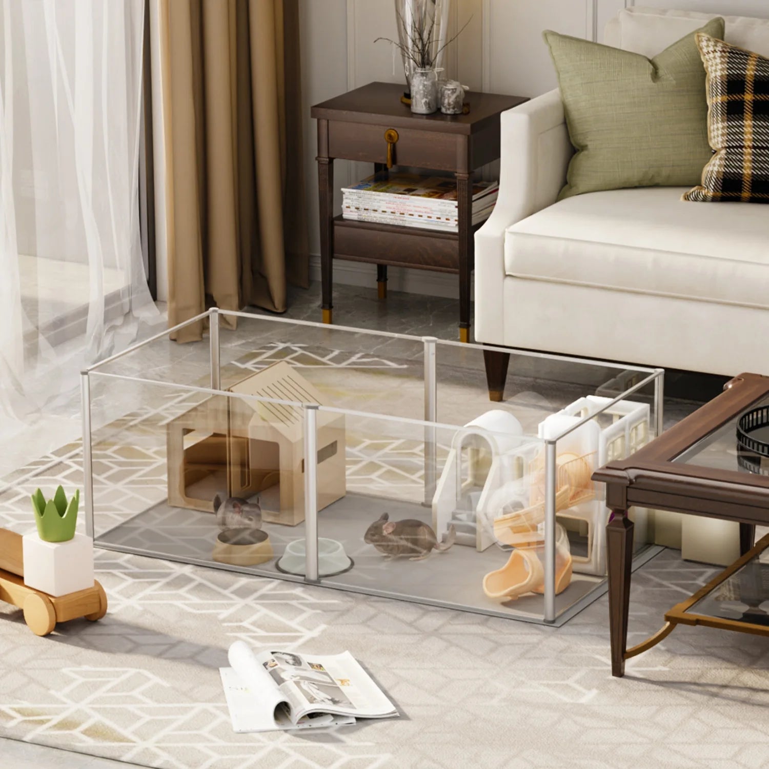 Clear Acrylic Hamster Play Pen 6 Panels Enclosure With Waterproof Floor Pad