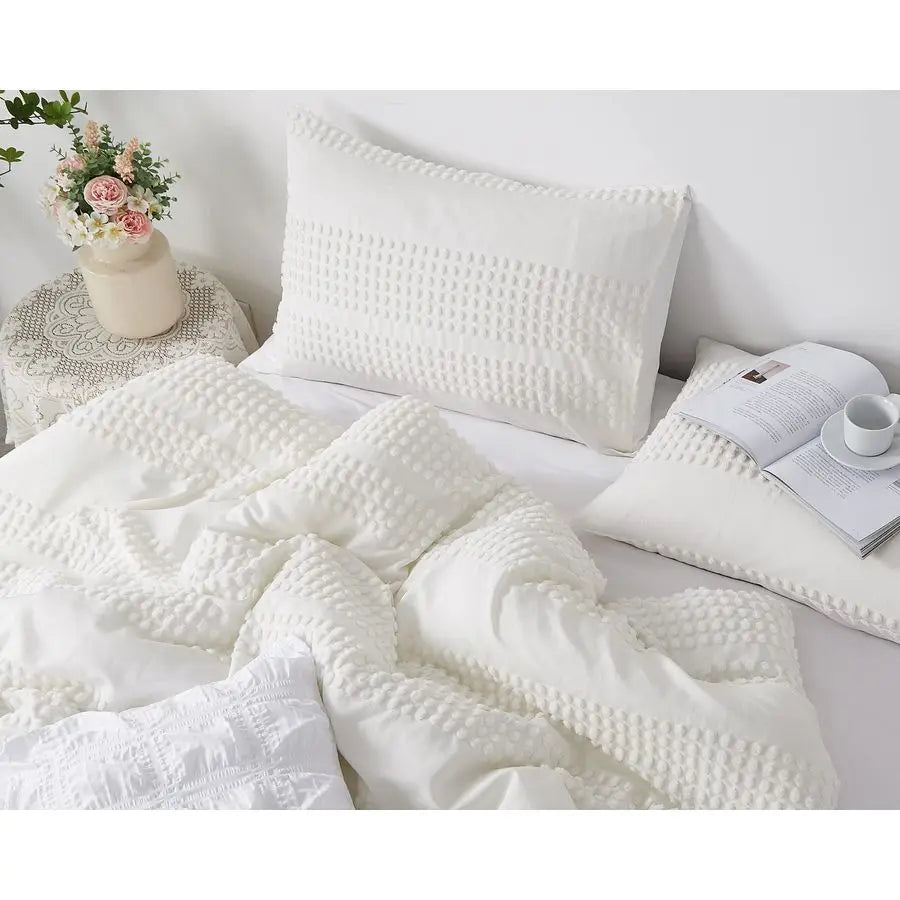 Microfiber Jacquard Comforter Set With Pom Pom Tufted Accents