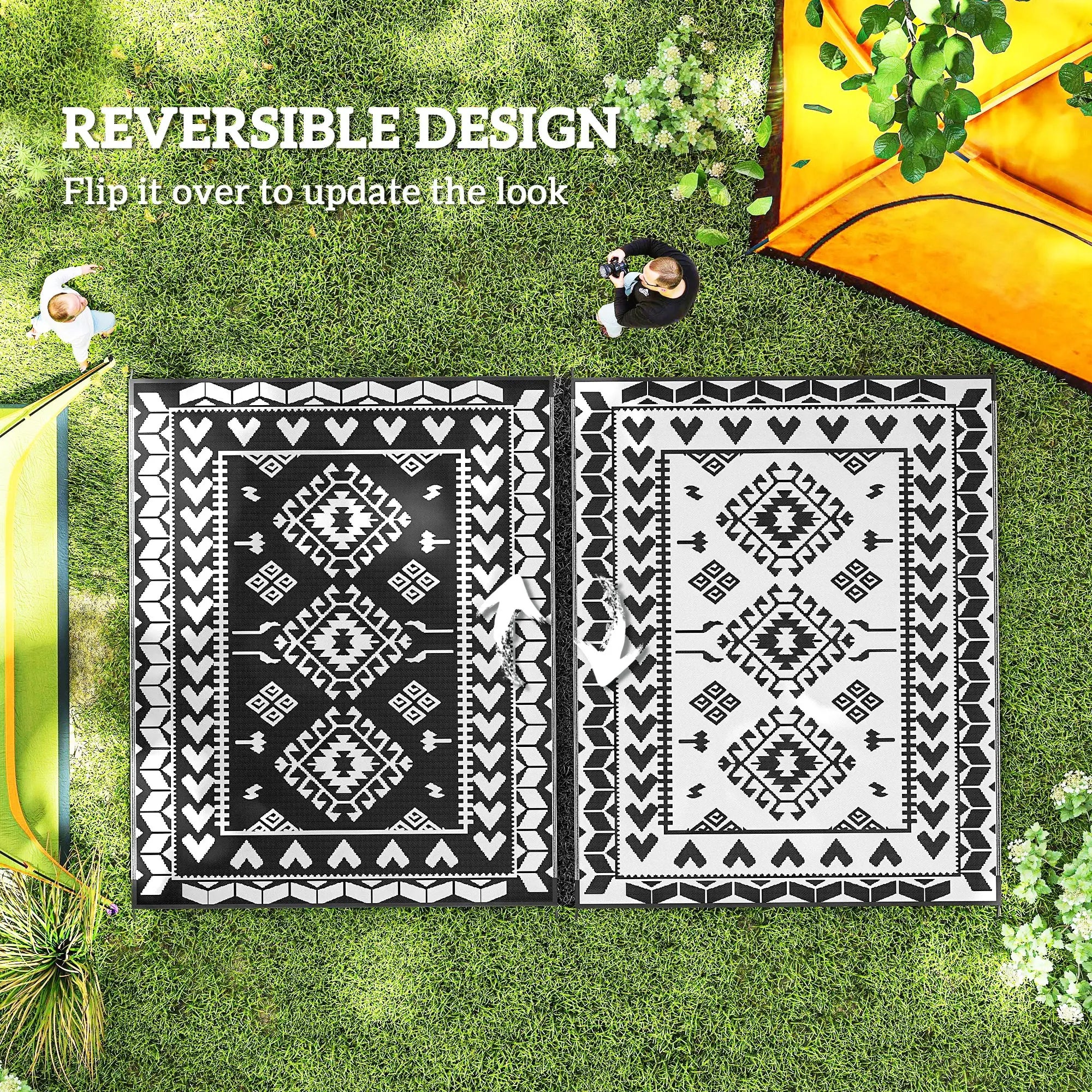 Black And White Rhombus Patchwork Outdoor Rug