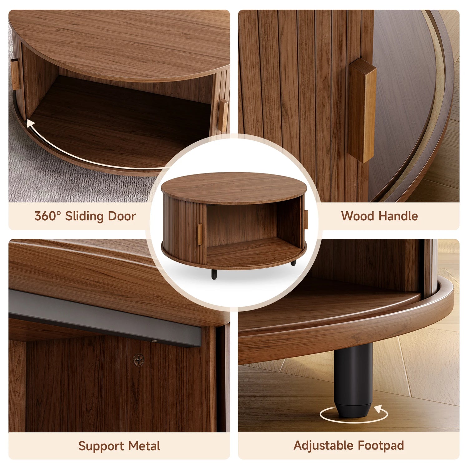 ONBRILL Round Coffee Table With Storage Curved Sliding Door