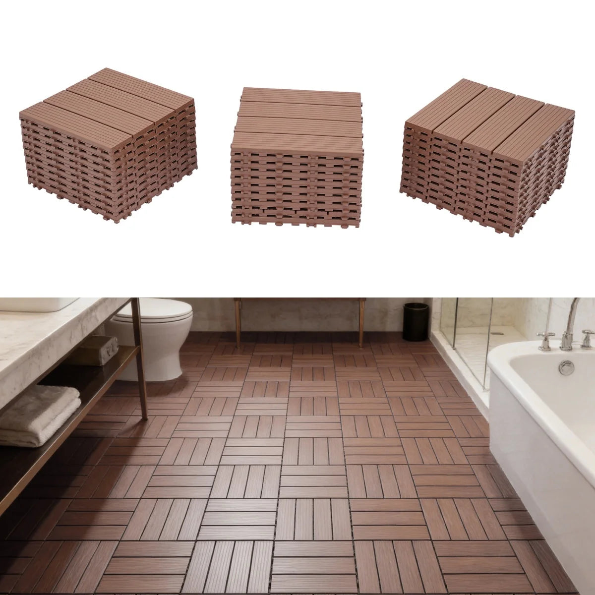 Bymaocar Interlocking Outdoor Deck Tiles Waterproof Wood Look PVC Flooring