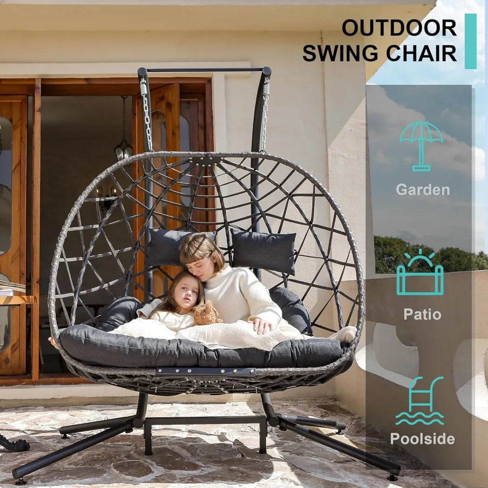 Double Egg Swing Chair With Stand For 2 Person Outdoor Hammock Cushion