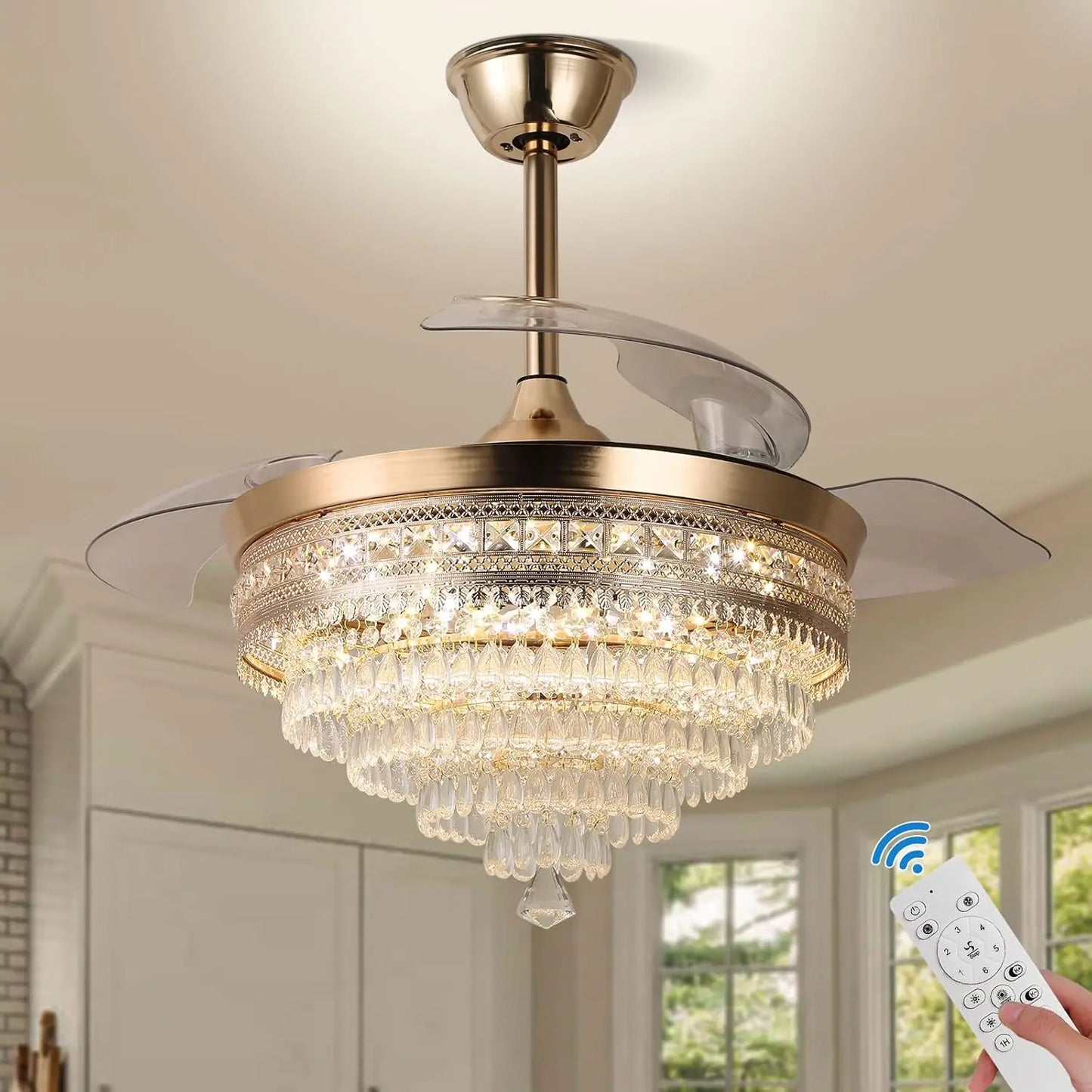 Dimmable LED Crystal Fandelier Ceiling Fan With Light