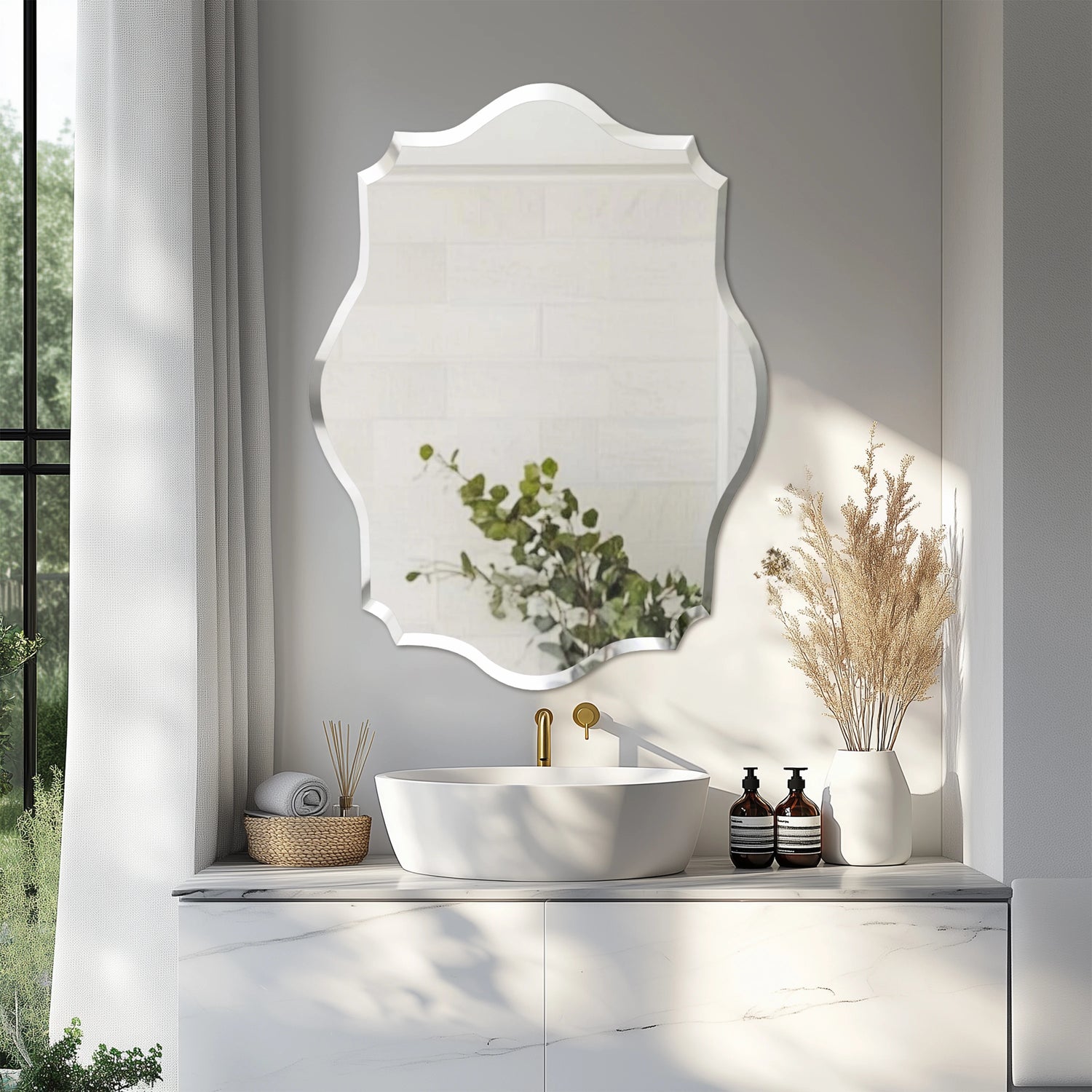 Wisfor Wall Mirror Scalloped Frameless Beveled Edge Polished For Bathroom