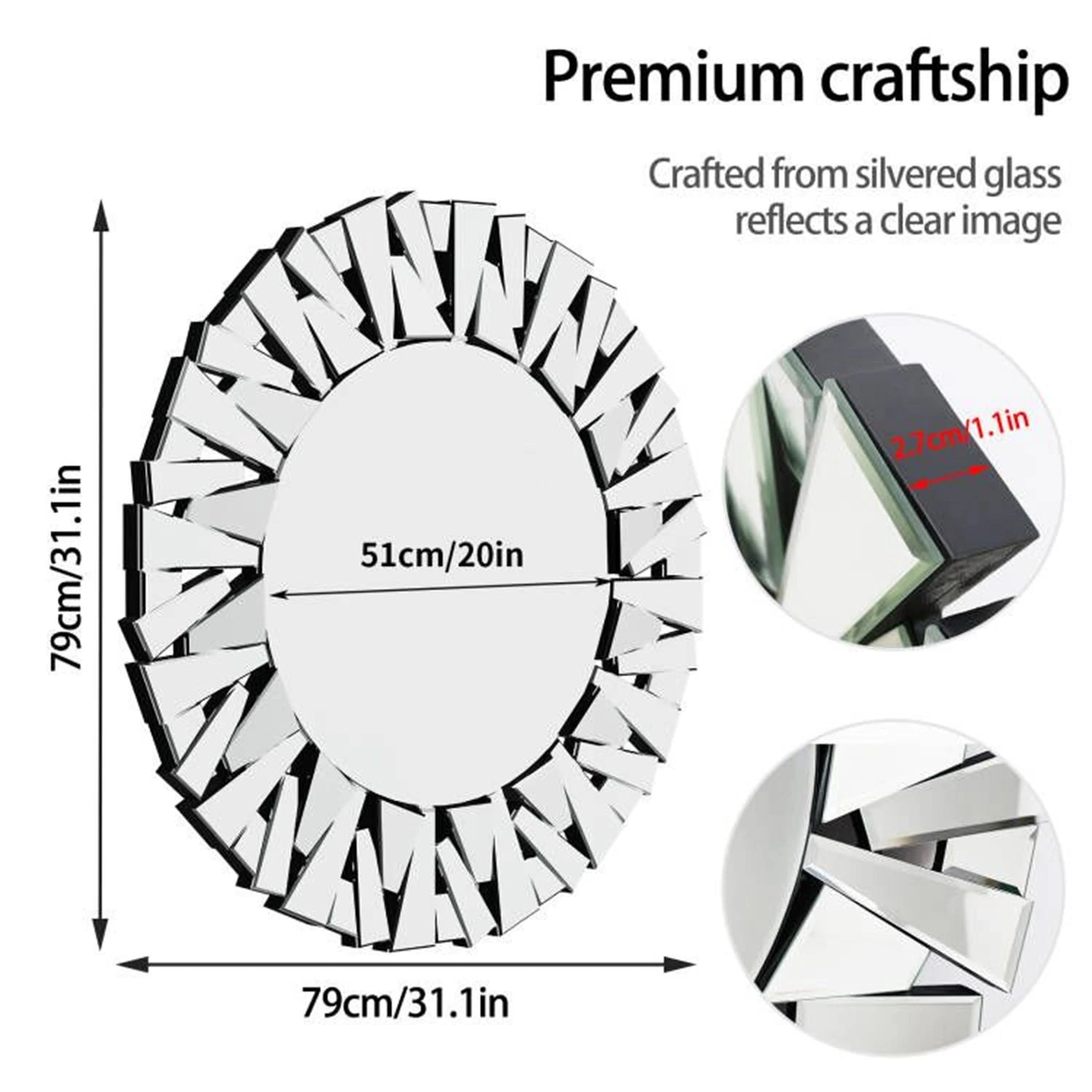 Sunburst Round Wall Mirror With Beveled Glass For Bathroom Decor