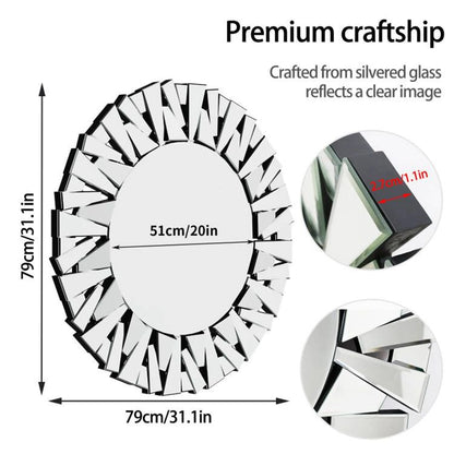 Sunburst Round Wall Mirror With Beveled Glass For Bathroom Decor