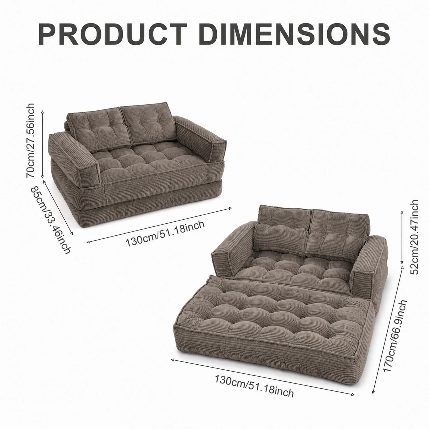 Modern Corduroy Sofa With Chaise And Convertible Floor Couch