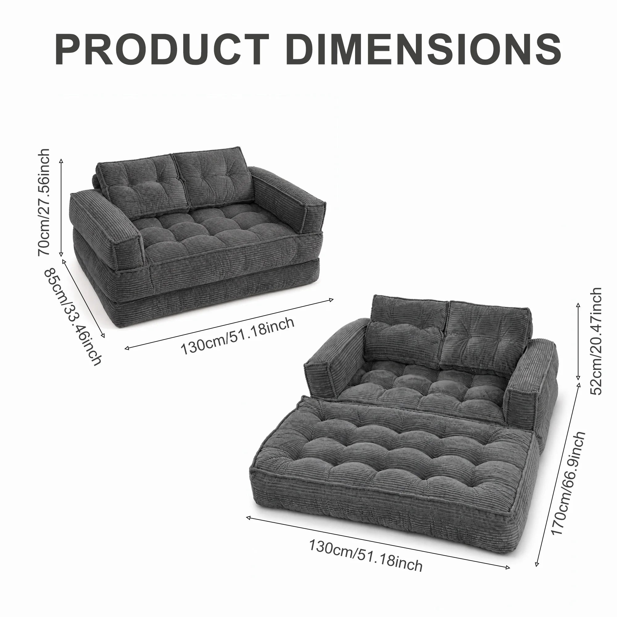 Modern Corduroy Sofa With Chaise And Convertible Floor Couch