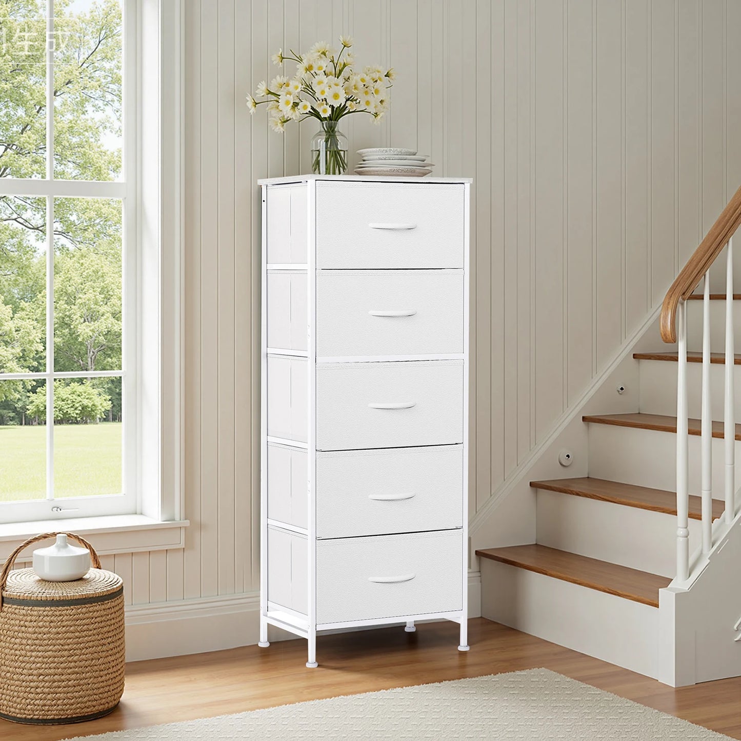 JHK Bedroom Dresser With Five Fabric Drawers And Steel Frame