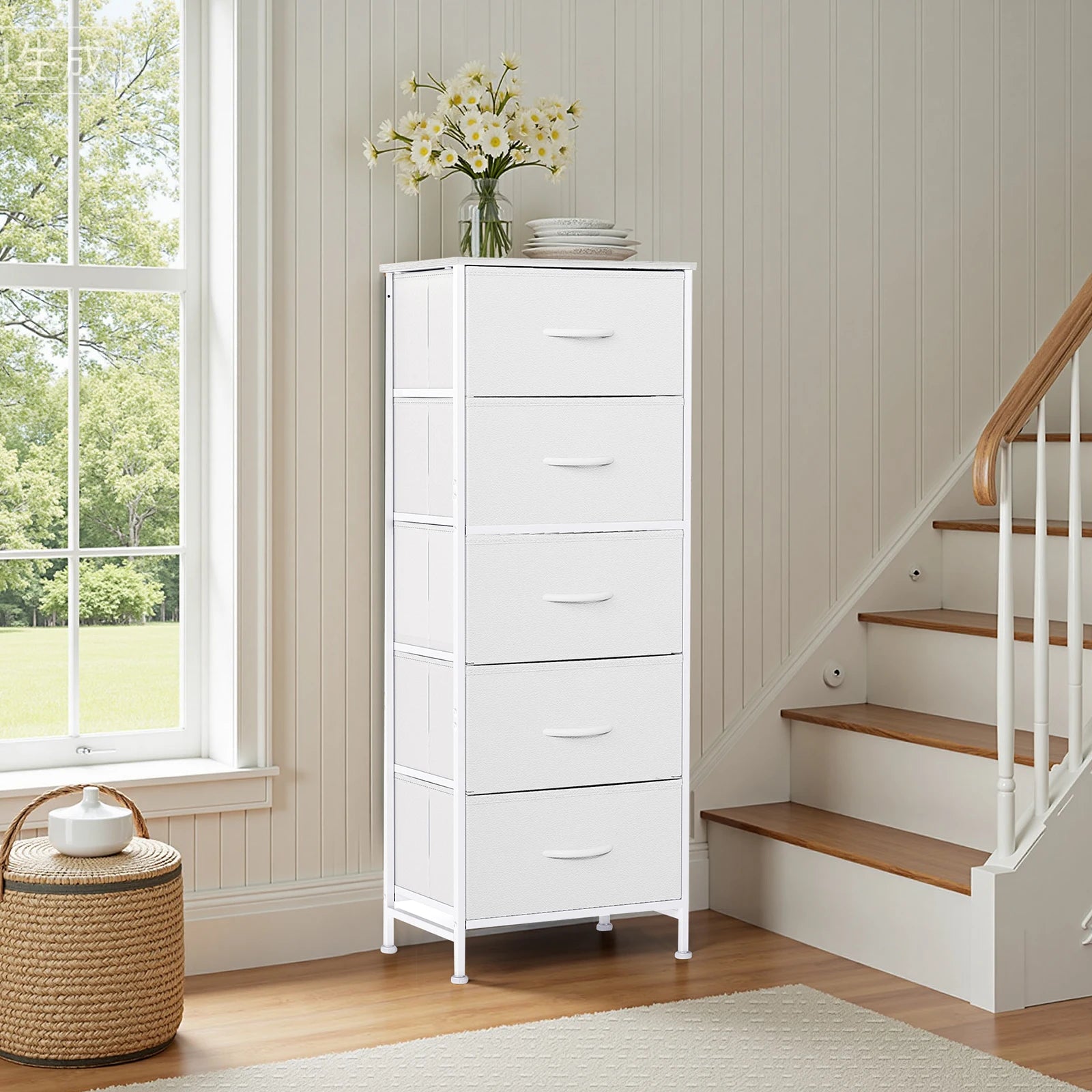 JHK Bedroom Dresser With Five Fabric Drawers And Steel Frame