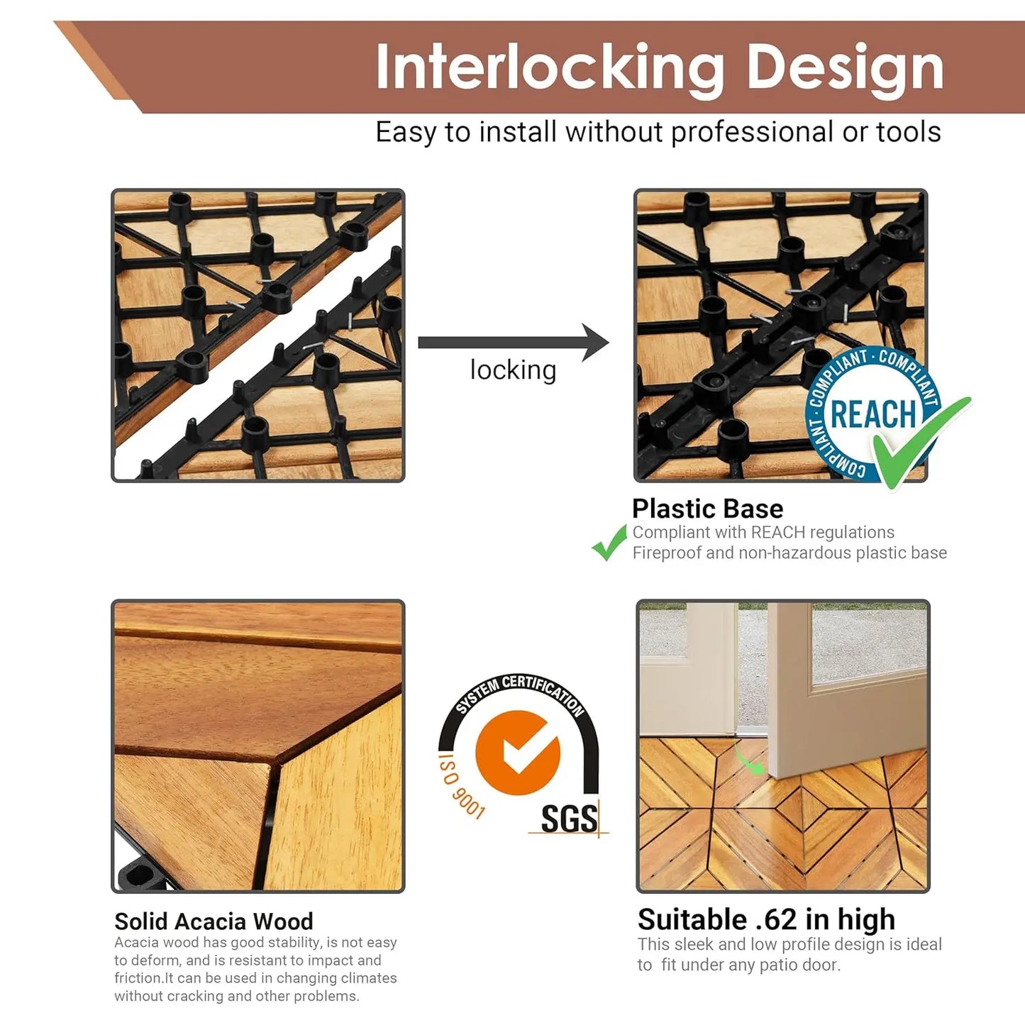 Acacia Wood Interlocking Deck Tiles For Outdoor Use