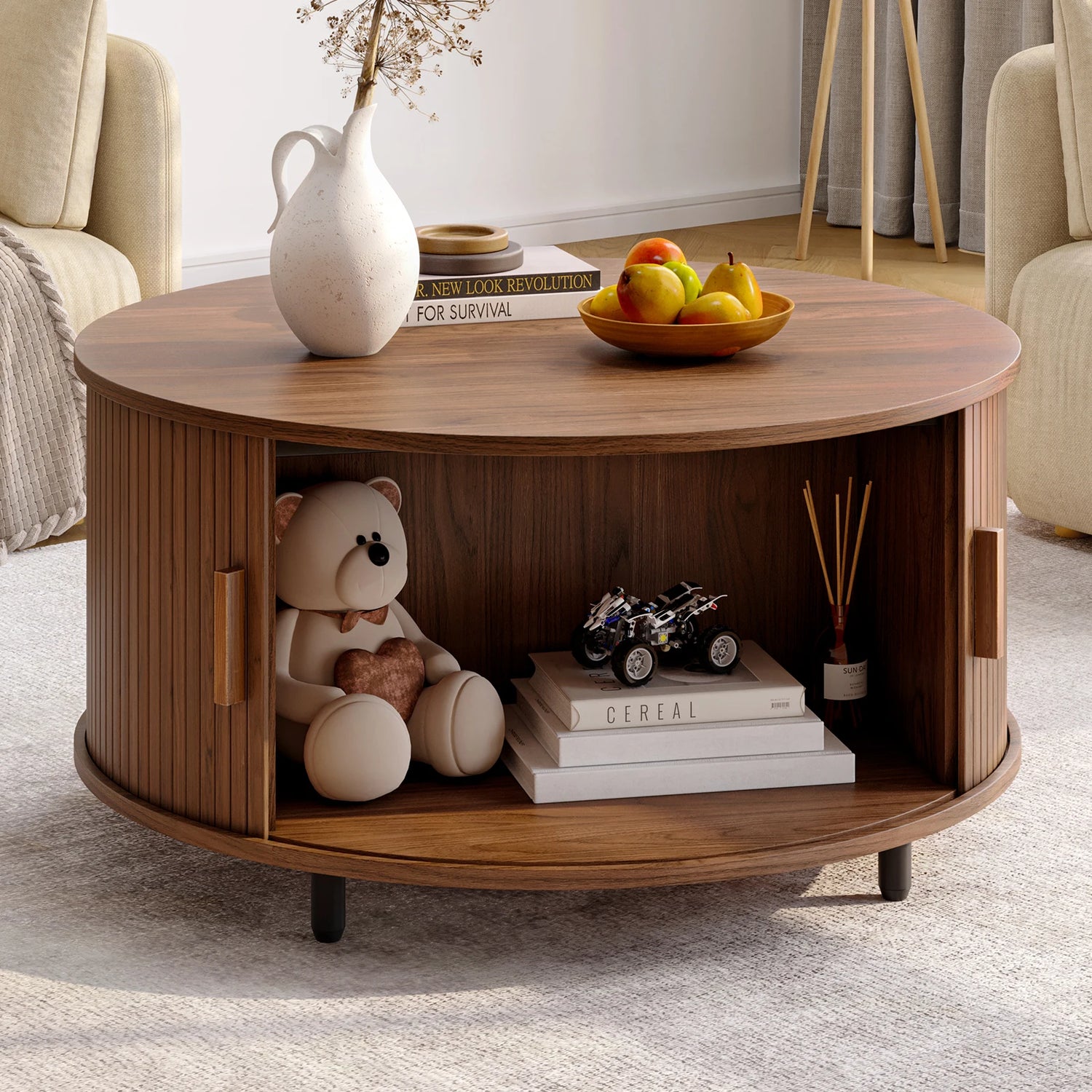 ONBRILL Round Coffee Table With Storage Curved Sliding Door