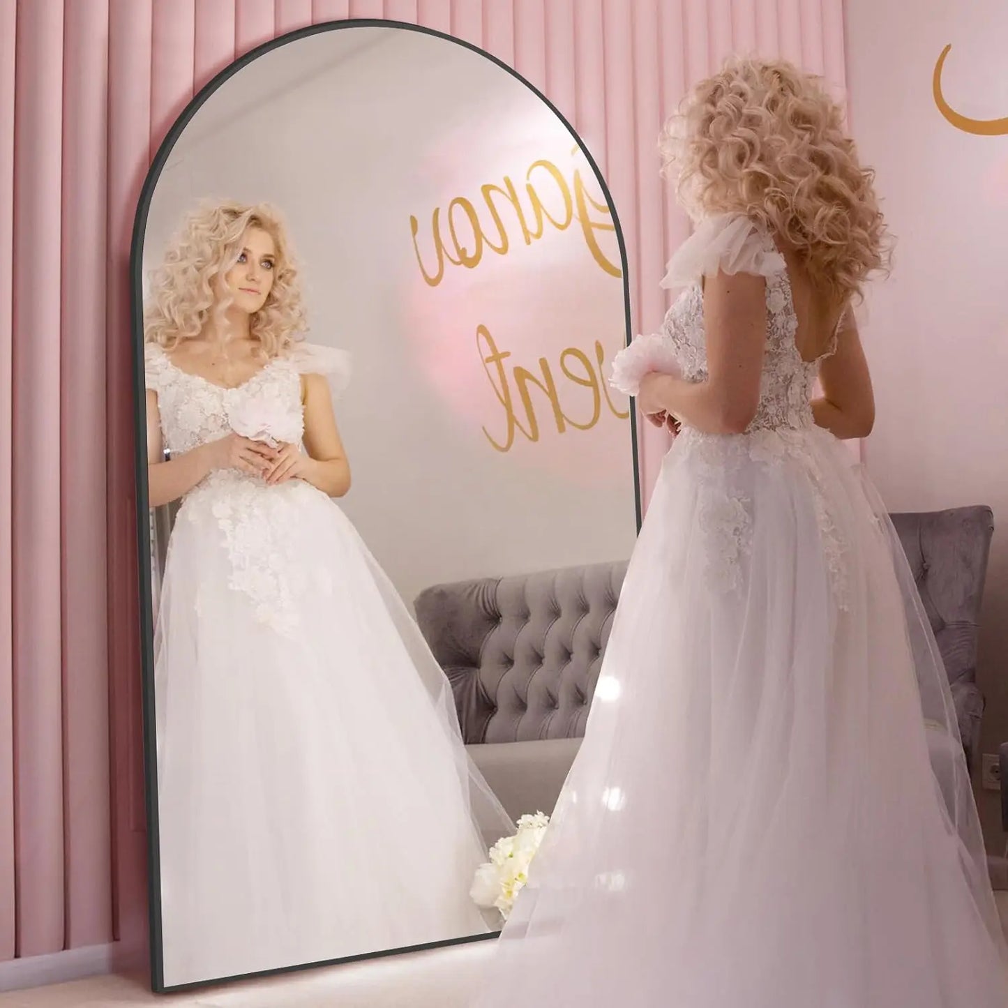 Arched Floor Mirror With Stand Tempered Glass Full Body