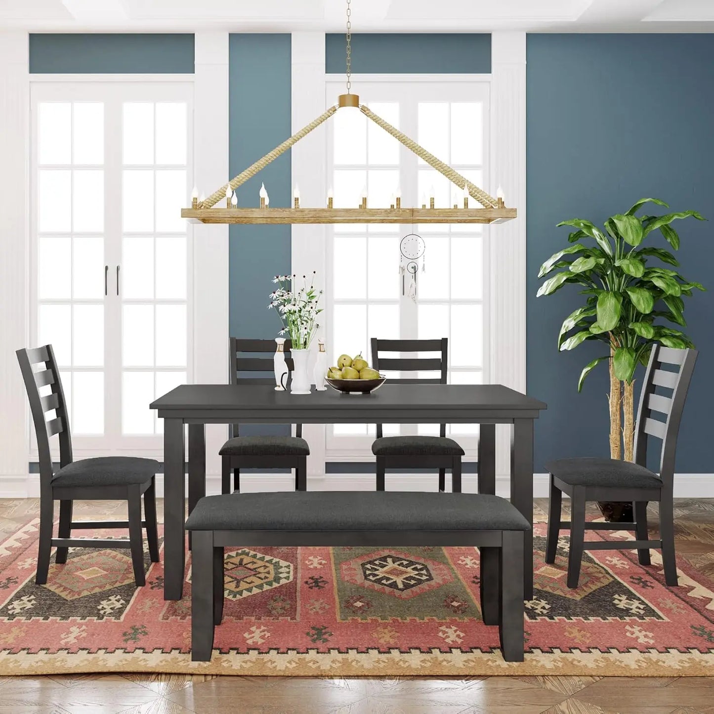 Country Rustic Dining Set With Rectangular Table And Upholstered Chairs