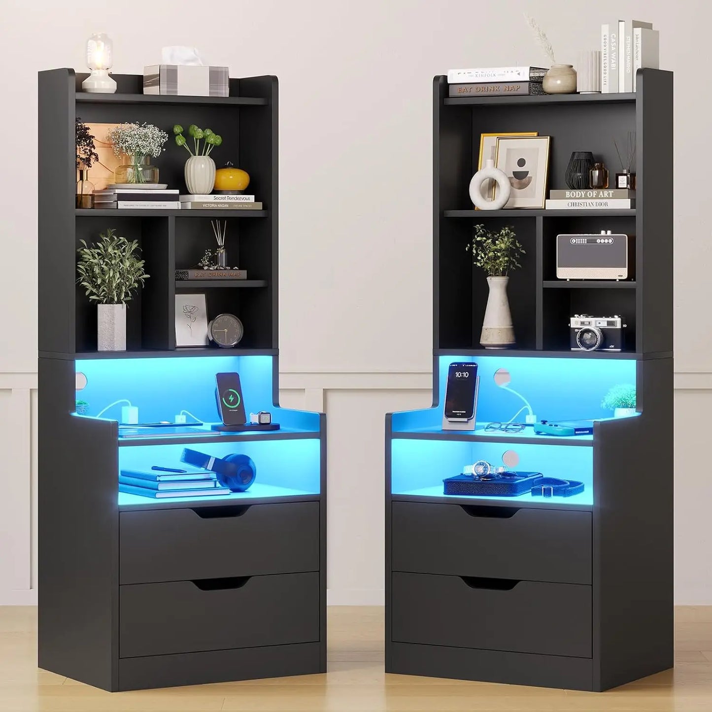 GUANGBAI Set of 2 Side Charging Nightstands With LED Lights