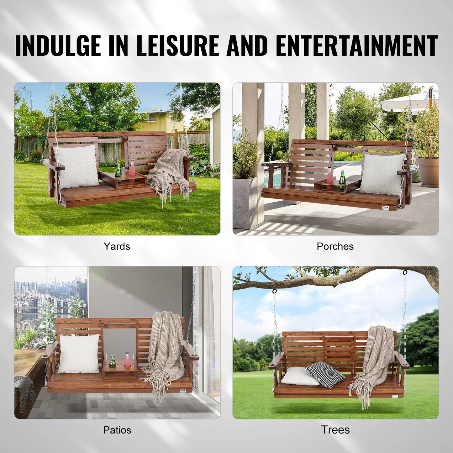 SucceBuy Wooden Porch Swing With 880 Lb Capacity Outdoor Patio