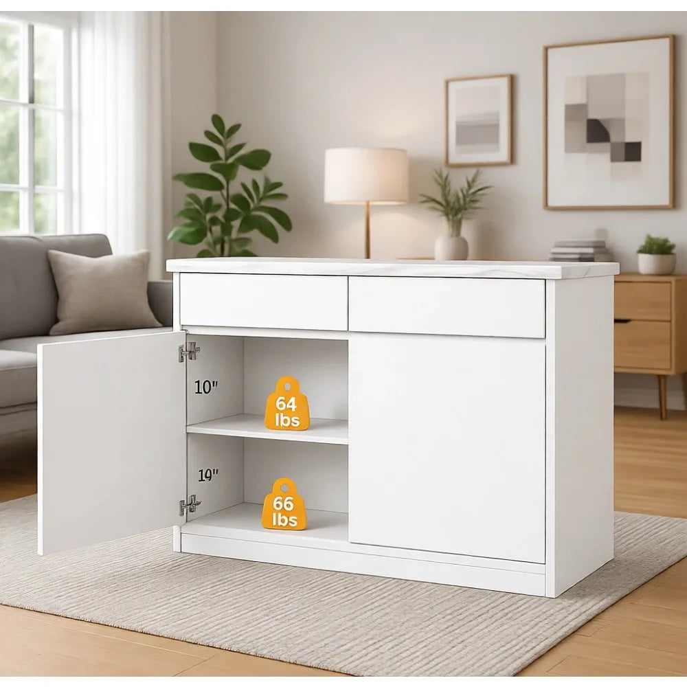 Modern Kitchen Island Faux Marble Countertop With Storage Drawers