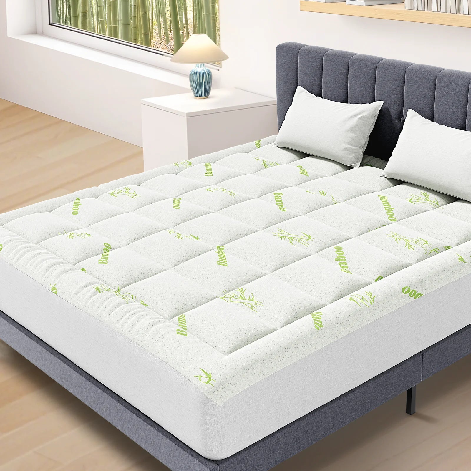 JHK Bamboo Fiber Mattress Topper With Deep Pockets Back Relief