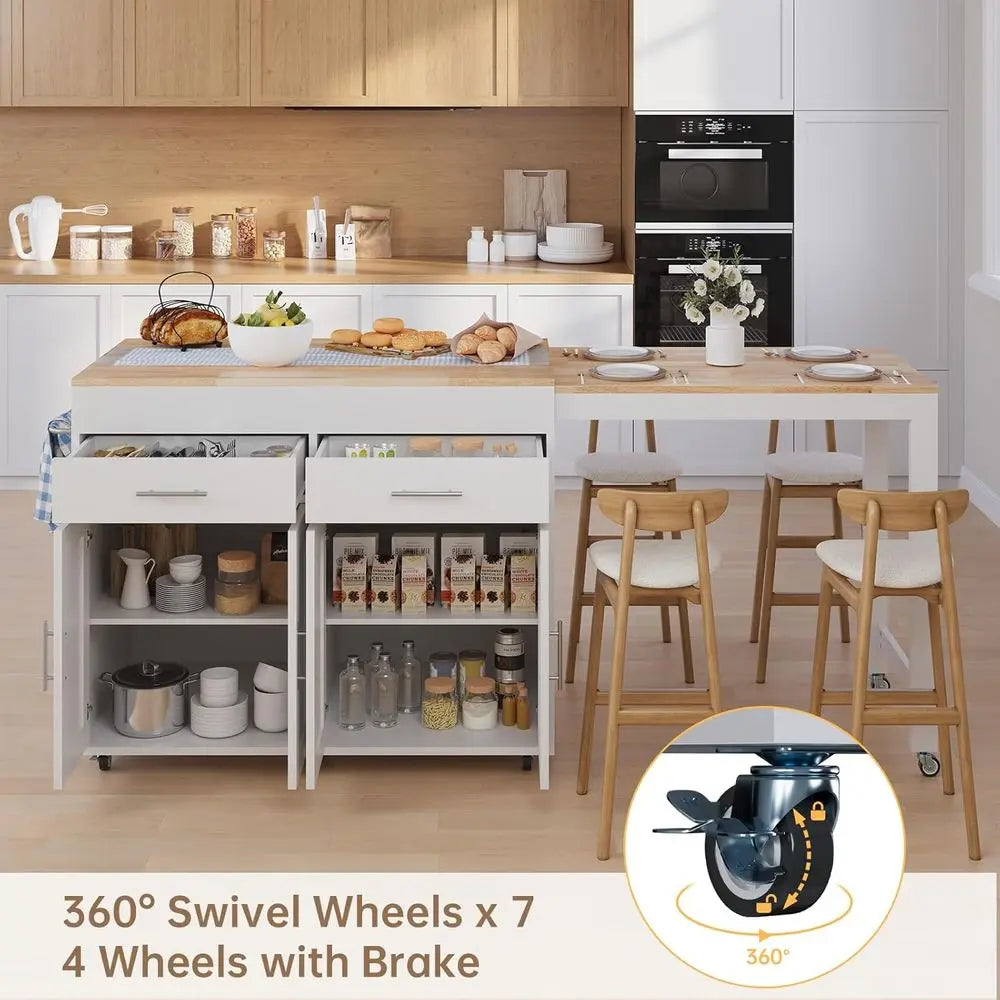 Rolling Wood Kitchen Island Dining Table With 4 Door Cabinet