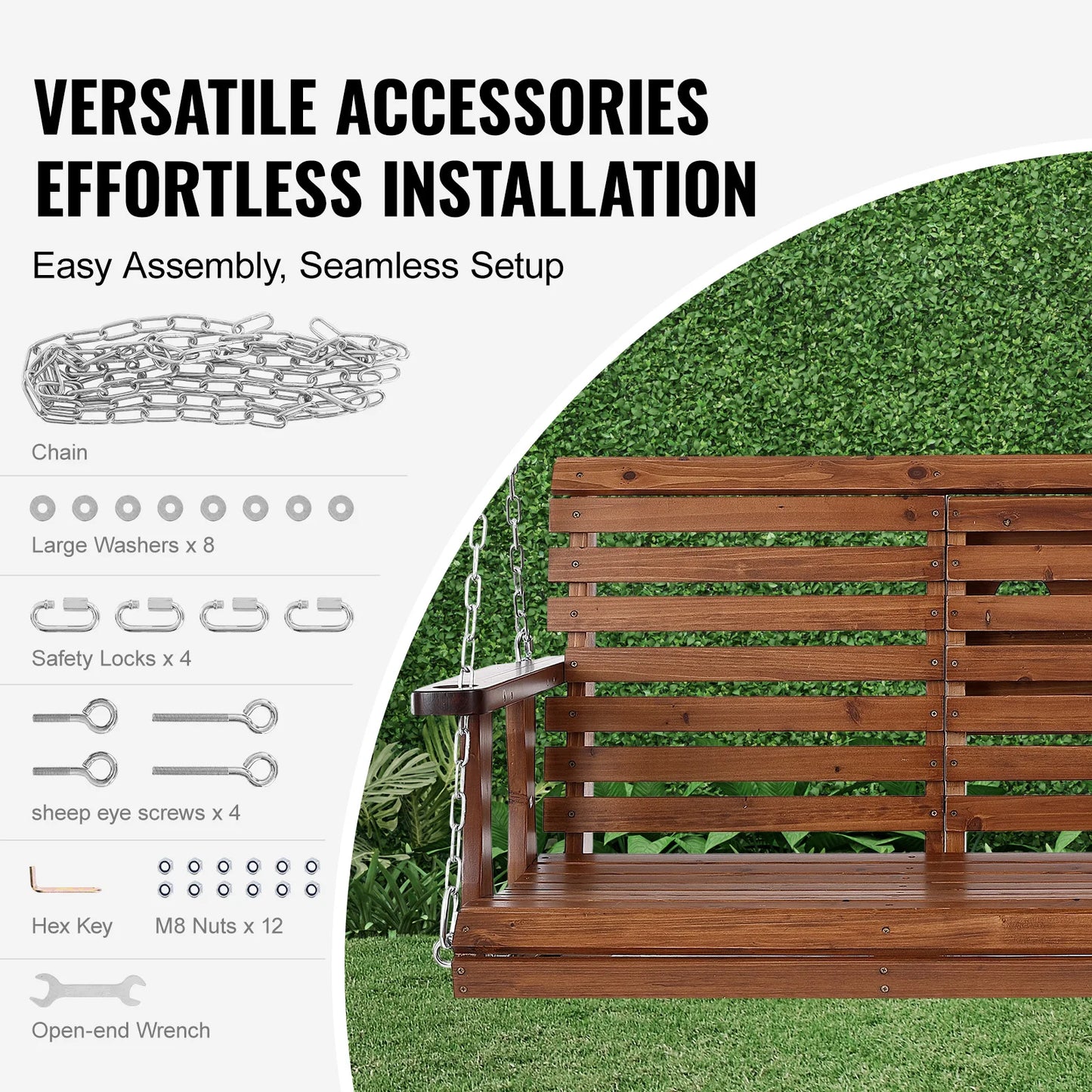 SucceBuy Wooden Porch Swing With 880 Lb Capacity Outdoor Patio