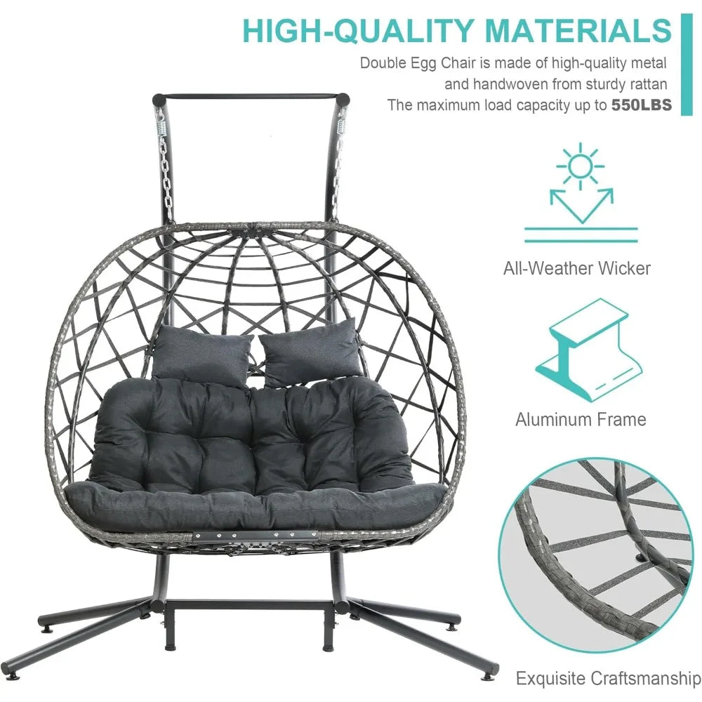 Double Egg Swing Chair With Stand For 2 Person Outdoor Hammock Cushion