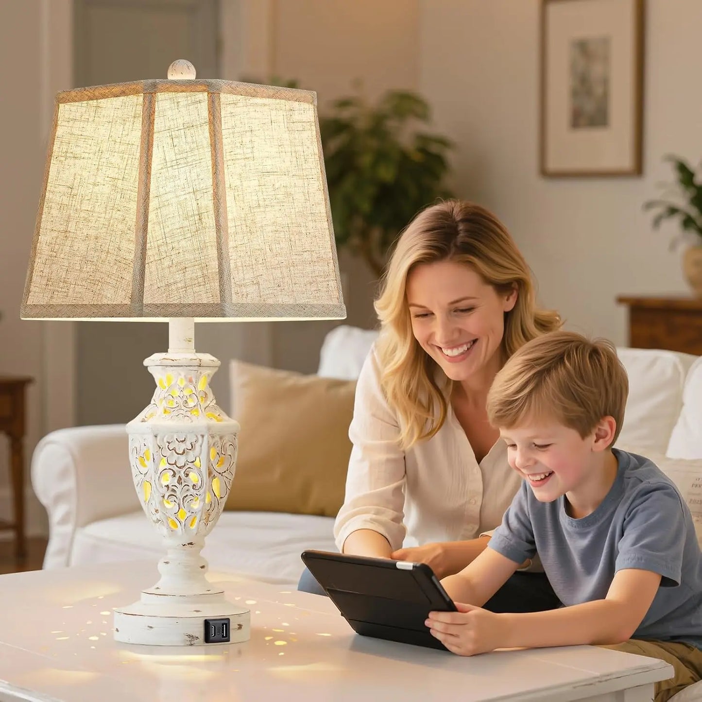 Set Of 2 Boho Nightstand Lamps With USB A And USB C Nightlight