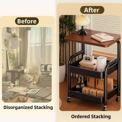 Three-Tier Metal Rolling Storage Cart With Wood Top