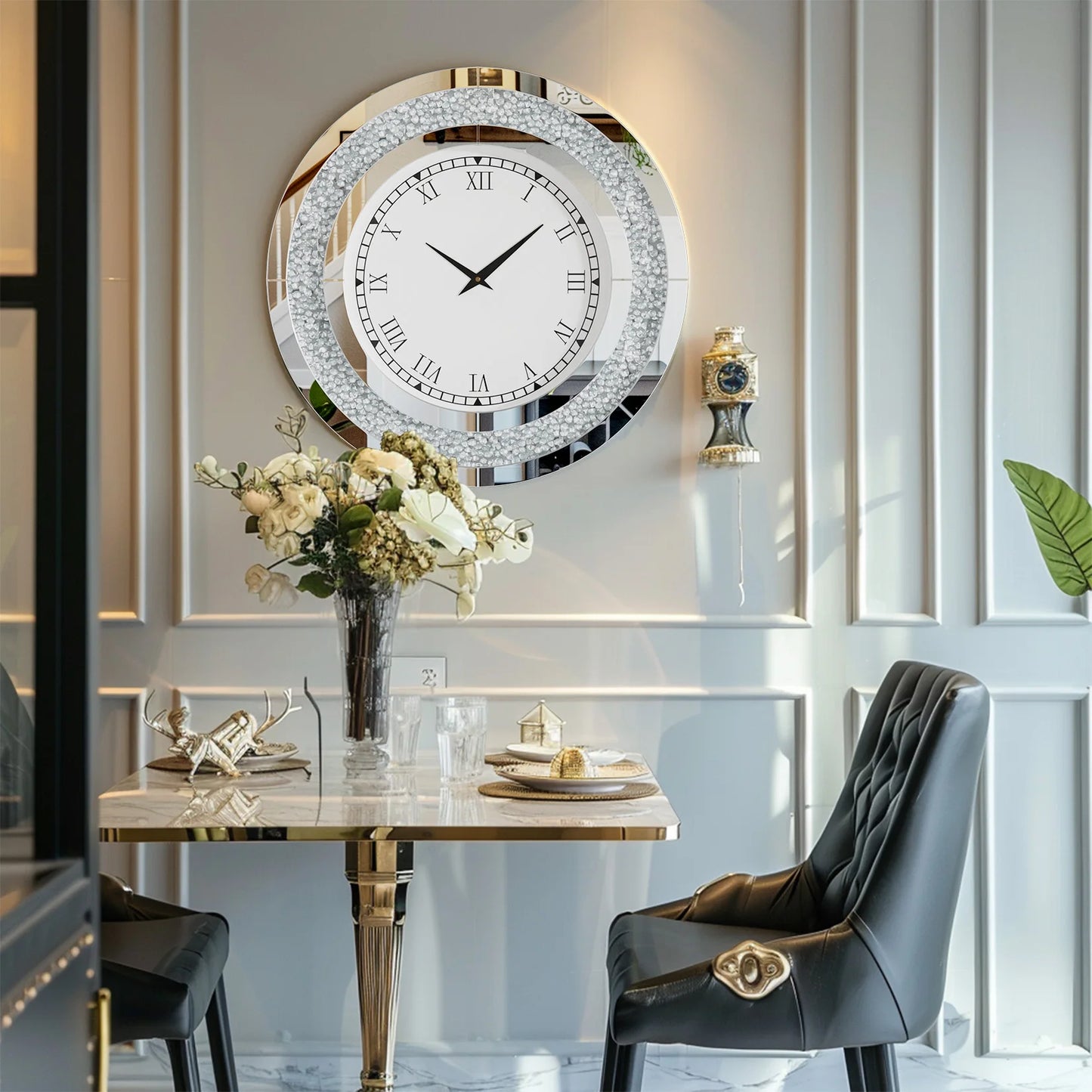 Round Mirror Wall Clock With Crystal Sparkle Living Room Decor