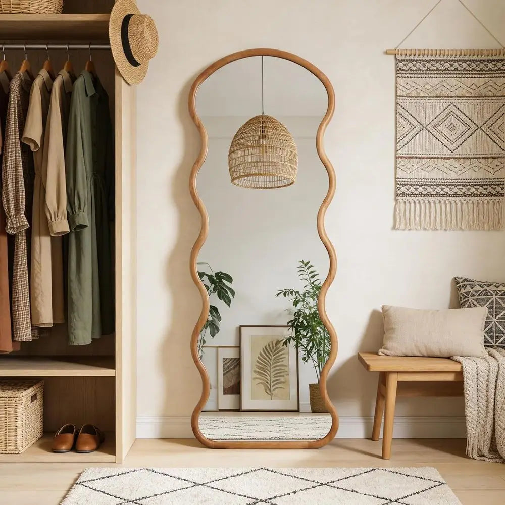 Natural Wood Arched Mirror Boho Style Wall Mounted Decor