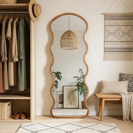 Natural Wood Arched Mirror Boho Design Wall Or Floor Mount