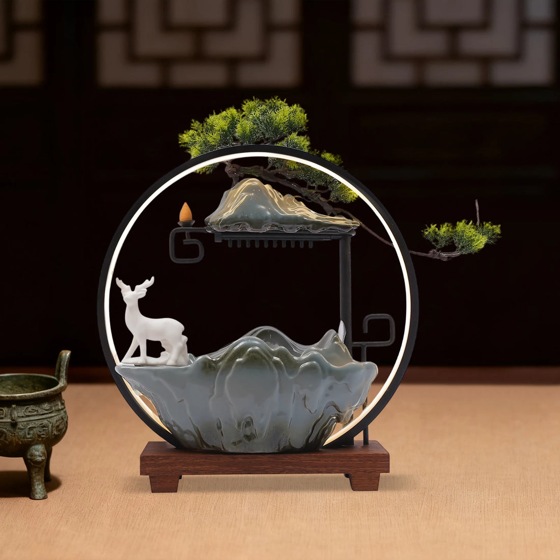 Ceramic Tabletop Fountain With Mist And LED Deer Figurine