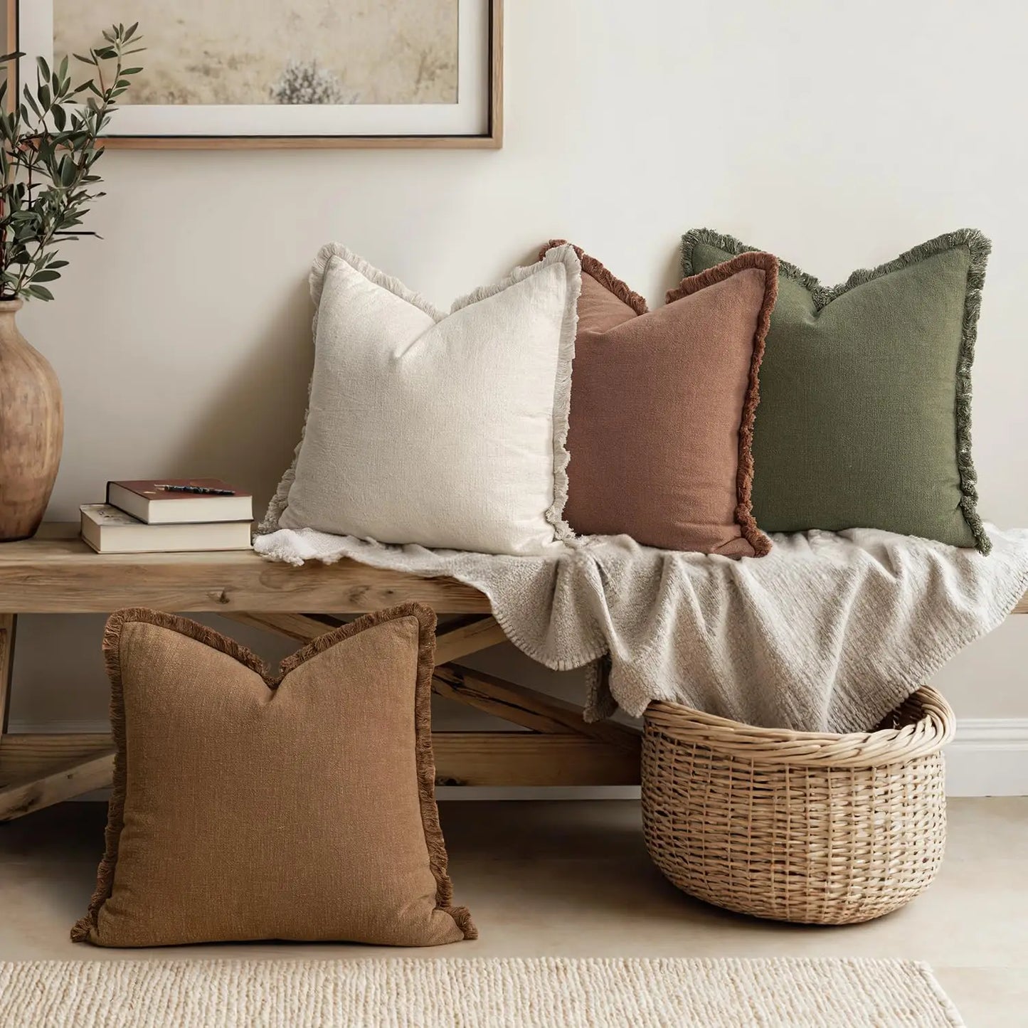 Neutral Linen Fringe Throw Pillows Set For Living Room Decor
