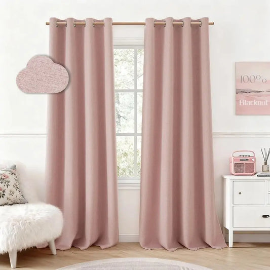Blackout Curtains Three Panels Thick Linen Blend Textured Drapes