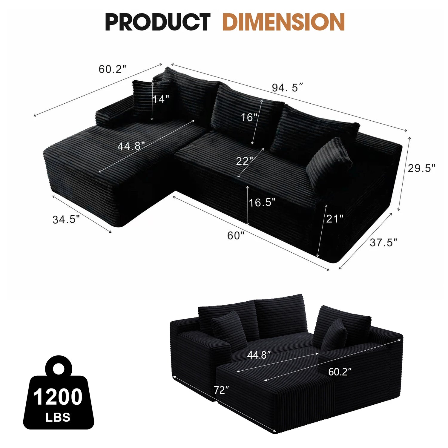 Cloud Modular Sectional Corduroy Sofa With L Shape Chaise