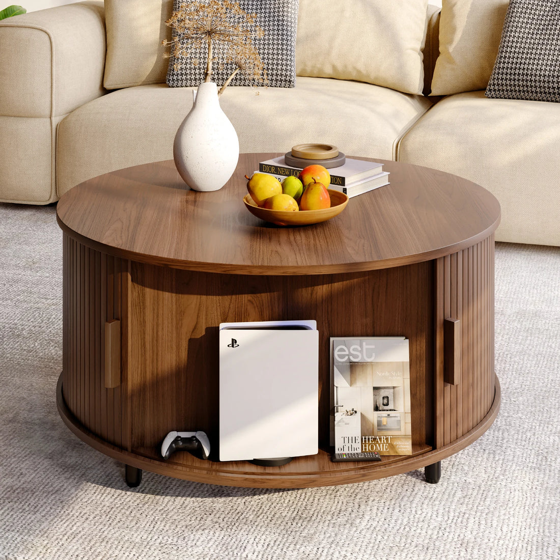 ONBRILL Round Coffee Table With Storage Curved Sliding Door