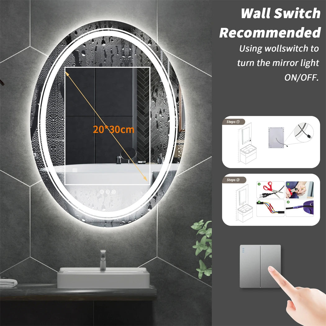 Borwart Oval LED Bathroom Mirror Fogless Dimmable Backlit Front Light