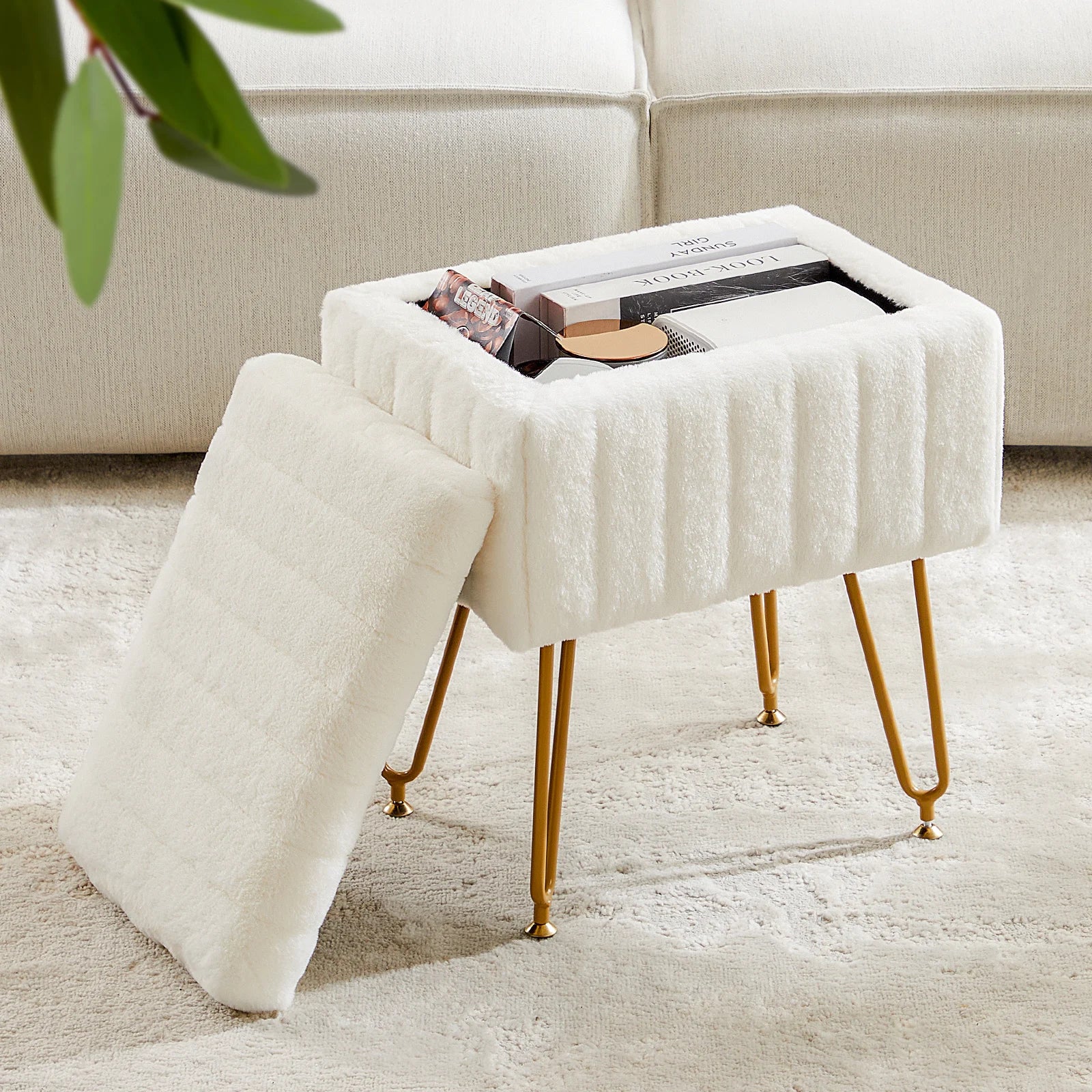 JHK Faux Fur Hidden Storage Ottoman Stools With Metal Legs