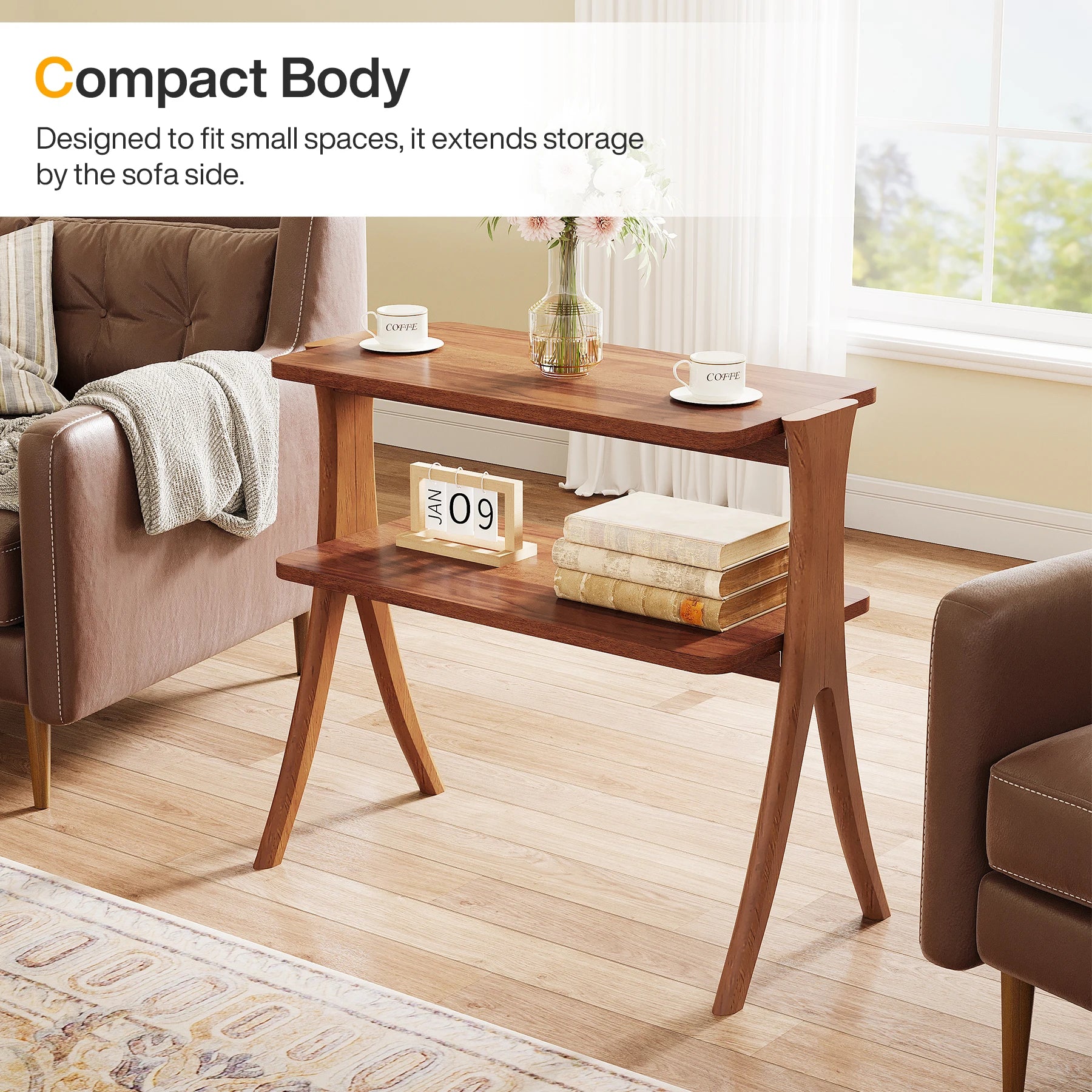 Tribesigns Side Table With 2-Tier Storage Solid Wood Legs