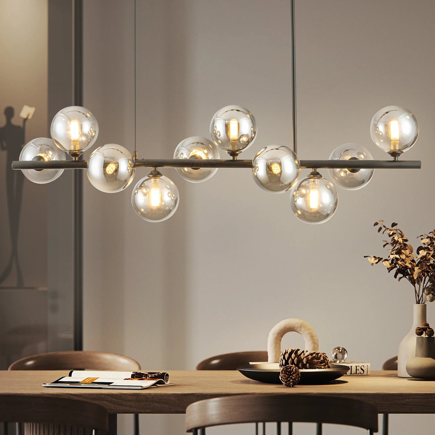 10-Light Adjustable Chandelier With Glass Globe Shades Mid-Century Modern