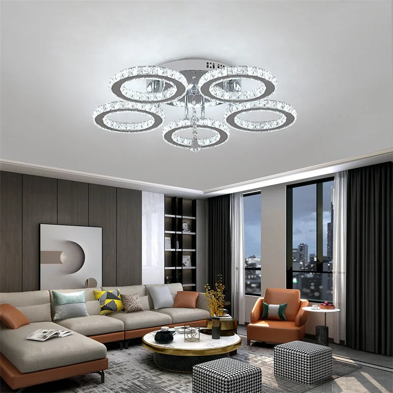 GreeLustr Crystal Led Rings Chandeliers Mirror Stainless Steel Ceiling Fixtures