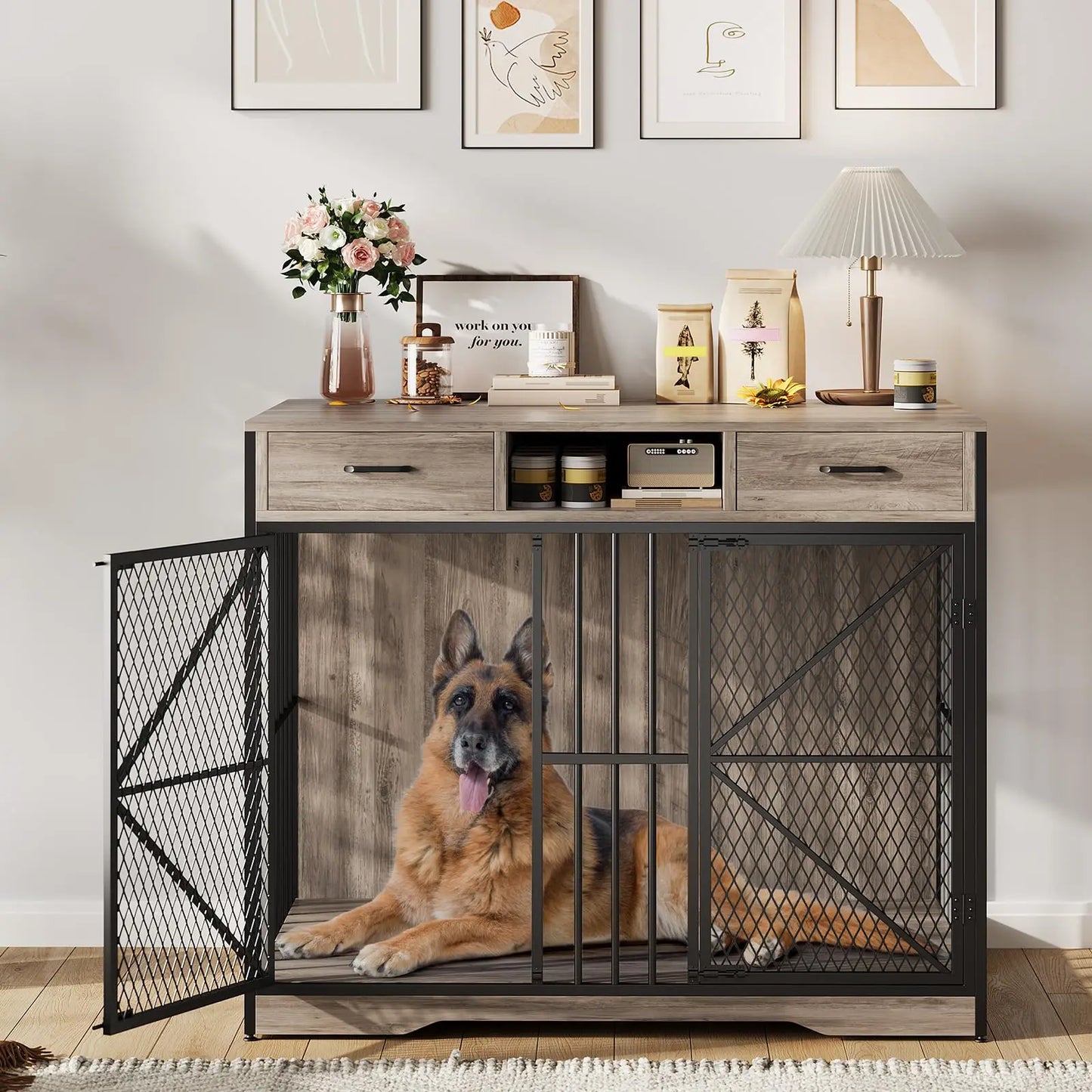 HiMISSDog Heavy Duty Dog Crate Furniture With Drawers