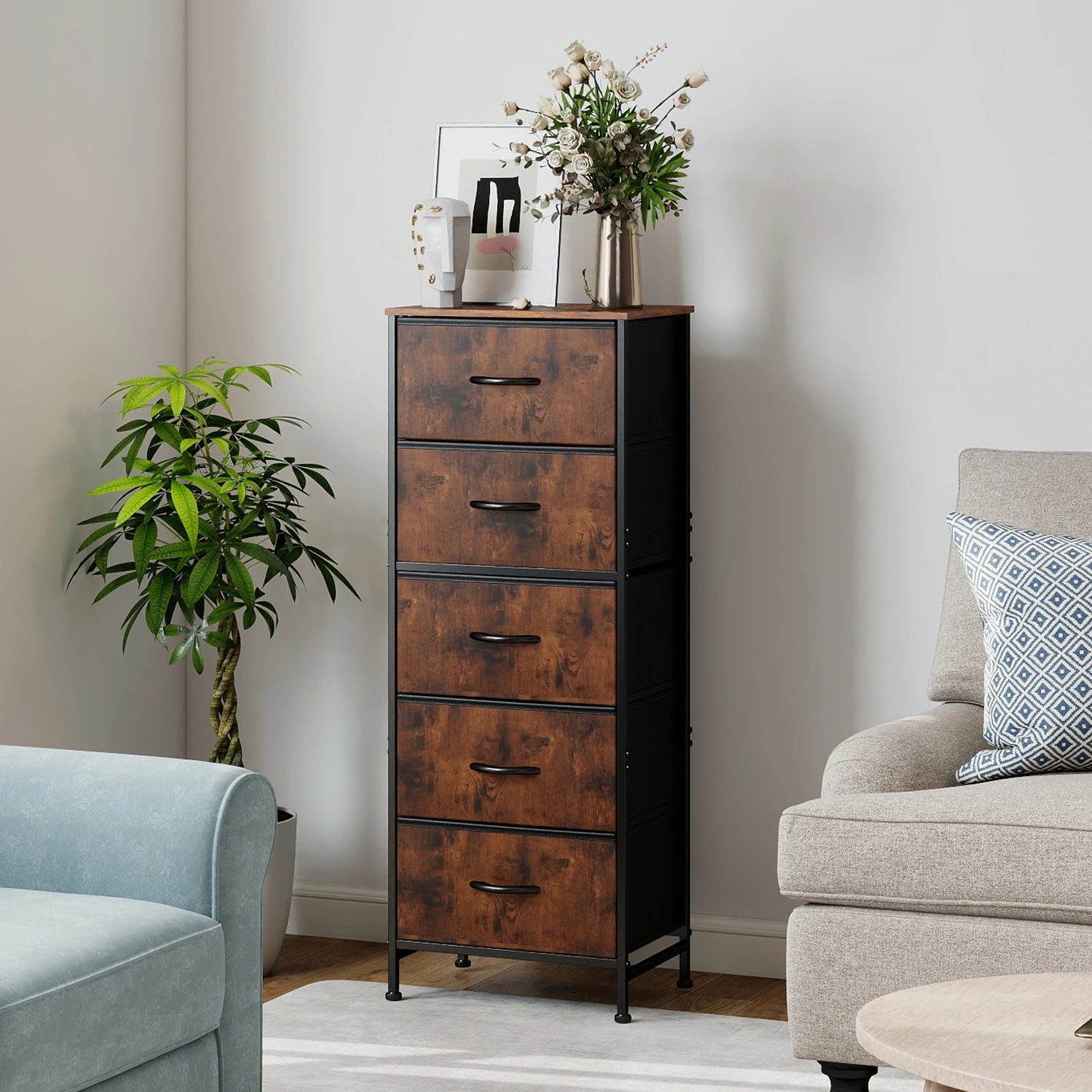 JHK Bedroom Dresser With Five Fabric Drawers And Steel Frame