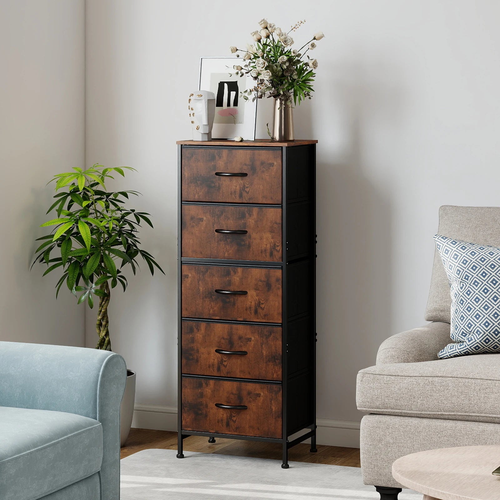 JHK Bedroom Dresser With Five Fabric Drawers And Steel Frame