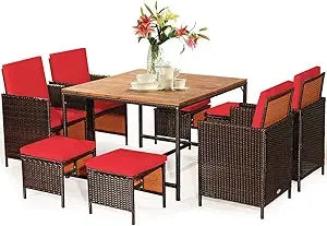 Outdoor 9 Piece Patio Dining Set With Rattan Chairs Table