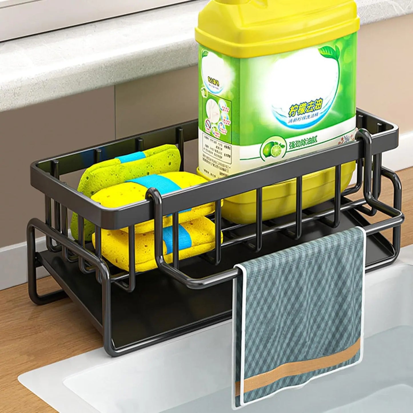 Rustproof Carbon Steel Kitchen Sink Organizer With Sponge Holder And Dispenser