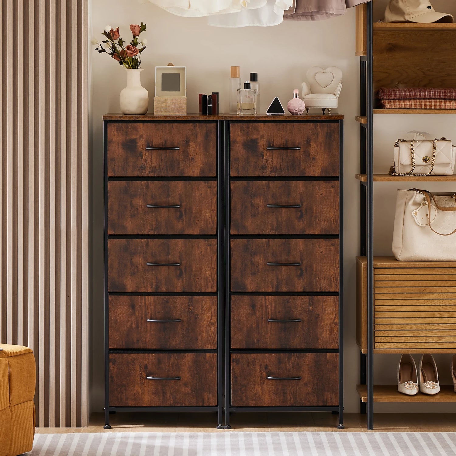 JHK Bedroom Dresser With Five Fabric Drawers And Steel Frame