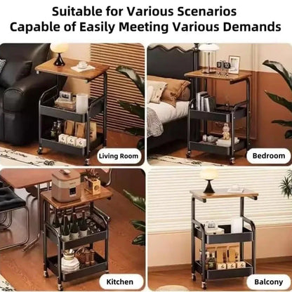 Three-Tier Metal Rolling Storage Cart With Wood Top