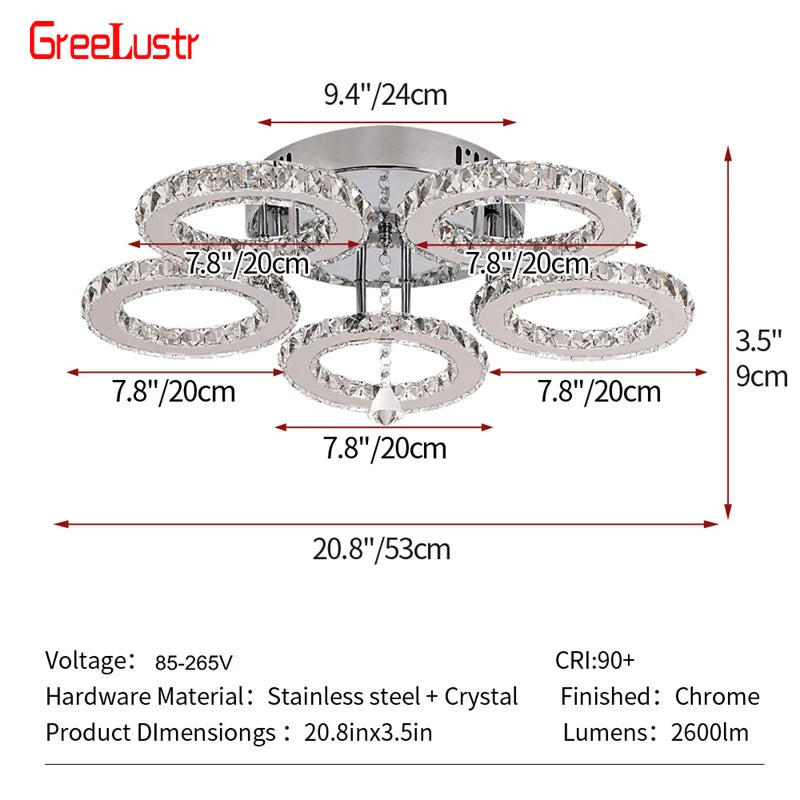 GreeLustr Crystal Led Rings Chandeliers Mirror Stainless Steel Ceiling Fixtures