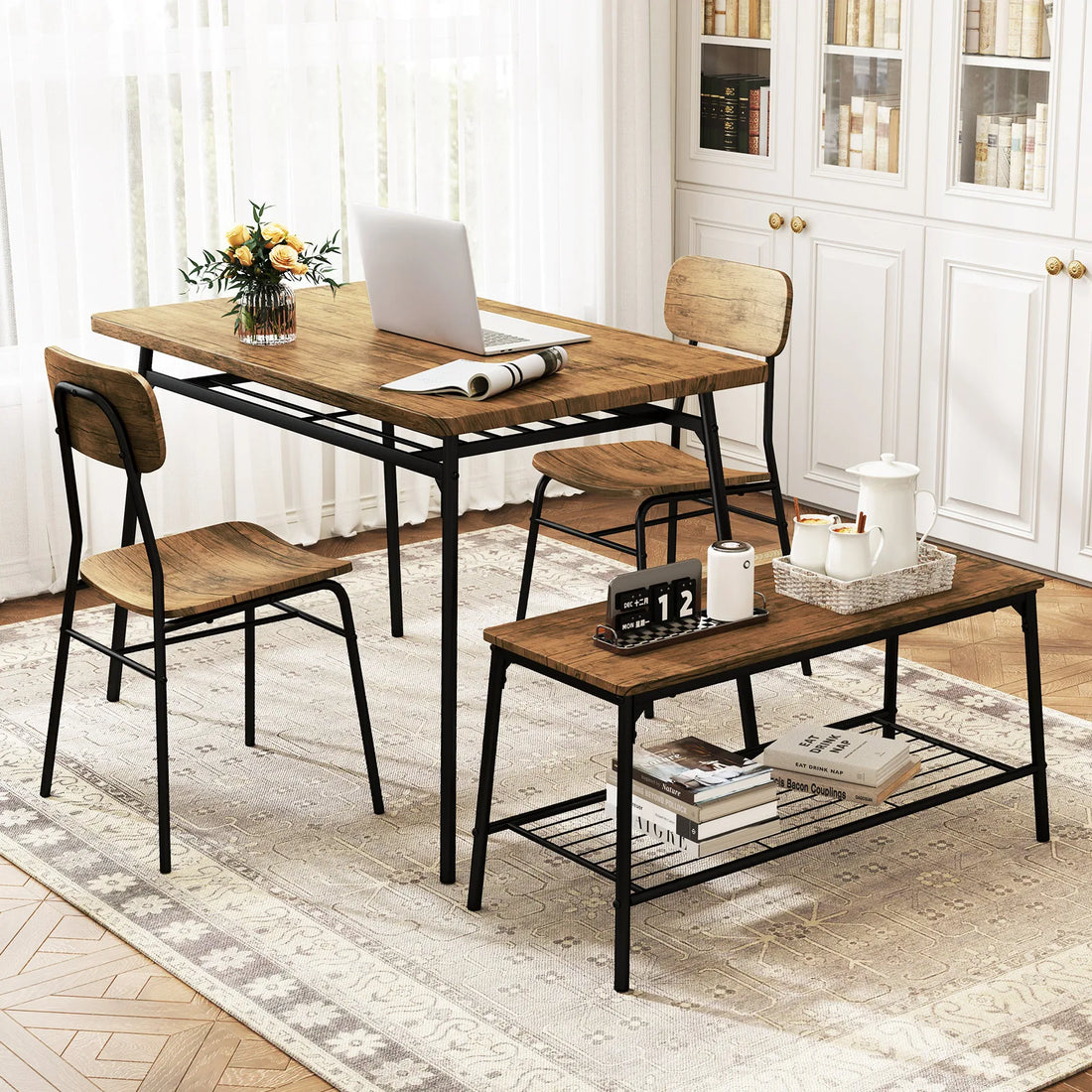 HOMASIS Dining Table Set For 4 With Bench And 2 Chairs