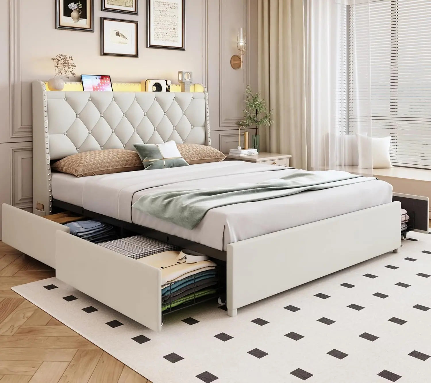 Bed Frame With 4 Drawers LED Lights And Charging Station